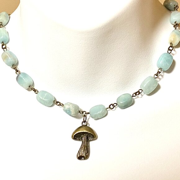 Natural Light Teal Amazonite Necklace, Bronze Slim Mushroom + Genuine Gemstone - Picture 2 of 12